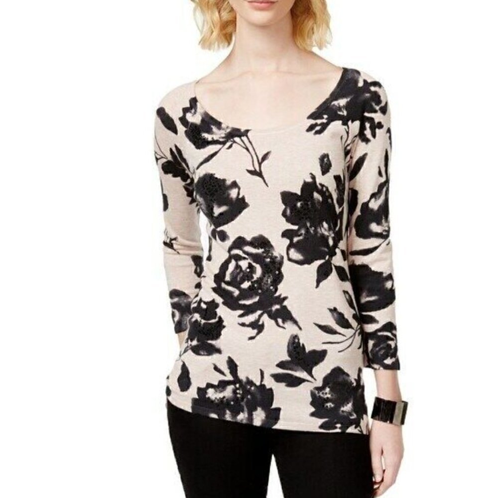 INC international Concepts Floral Stretch Sweater Small Petite